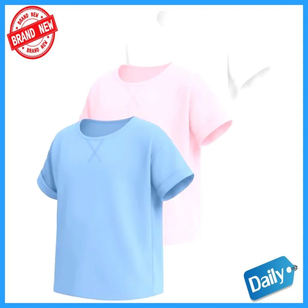 Girls 3 Pack Short Sleeve Tees Loose Fit Crew Neck Rolled Cuff Tops